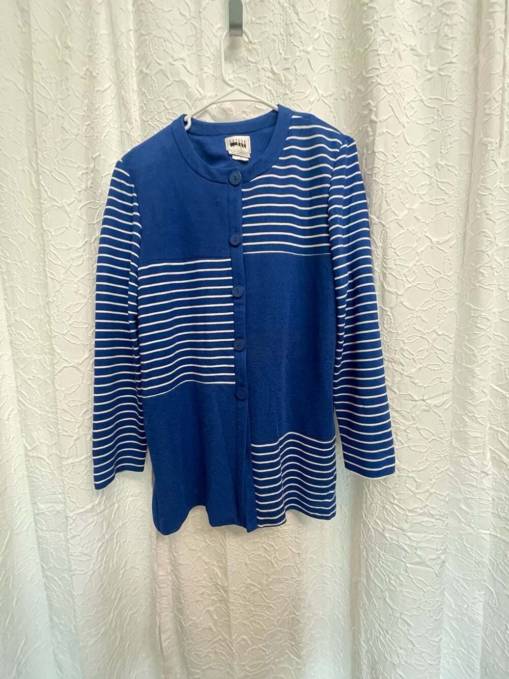 Leslie Fay Cardigan Size 12 Blue White Striped Button Up Long Sleeve Jacket